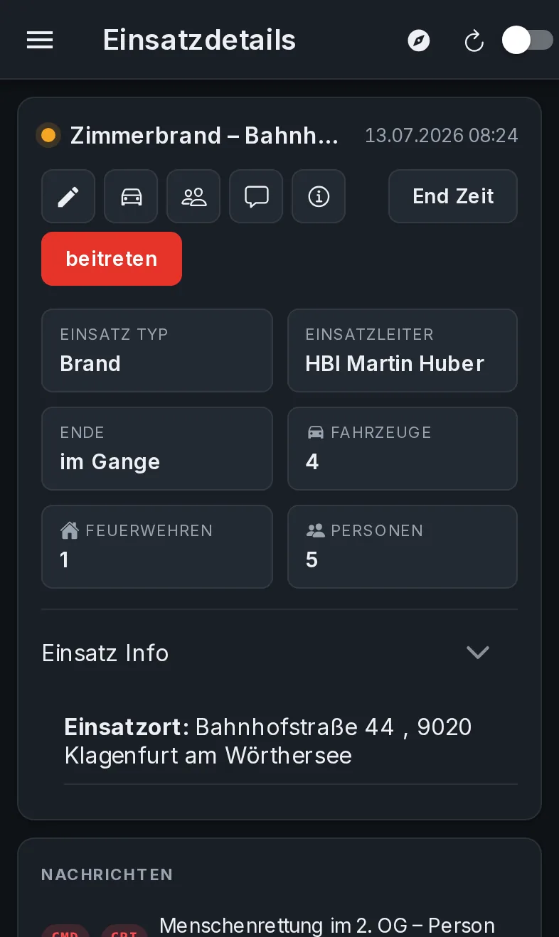 fliorix Mobile App: Einsatzdetails mit Lagekarte am Smartphone